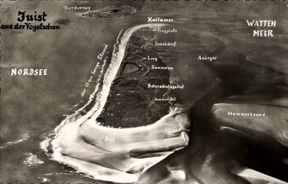 Postcard North Sea resort Juist in East Frisia, Juist from a bird's eye view, Norderney, North Sea, 17 km long S