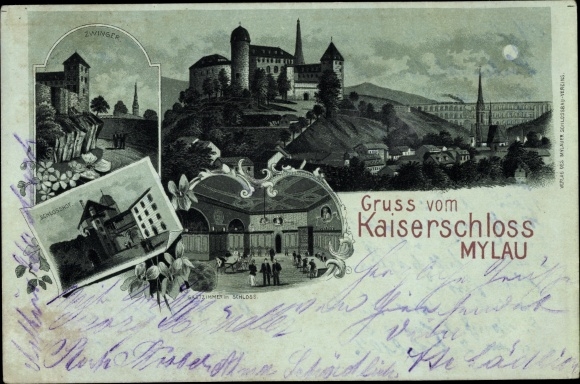 Mondschein Litho Mylau Reichenbach im Vogtland, Kaiserschloss, Zwinger, Schlosshof, Gastzimmer 