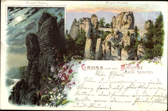 Postcard Lohmen Saxon Switzerland, Bastei, Bastei Bridge, Bastei Rock, Bastei Bridge, Greetings from the B