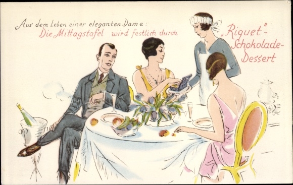 Postcard advertising, Riquet chocolates, chocolate desert, from the life of an elegant lady