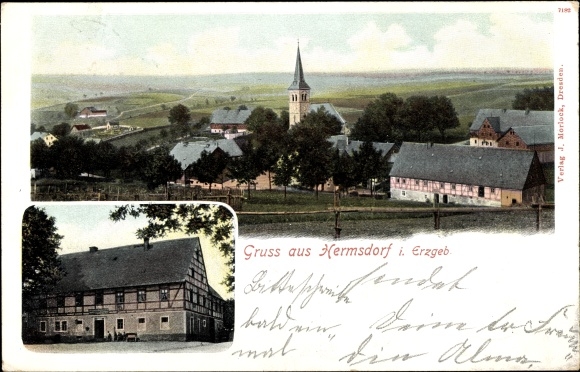 PC Hermsdorf in the Ore Mountains, view of the town, inn