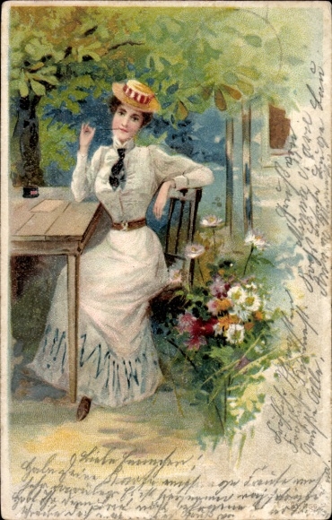 Chromo-Litho Lady writes letter under a tree