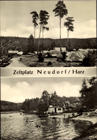 Postcard Neudorf Harzgerode am Harz, campsite, outdoor pool, pear tree pond