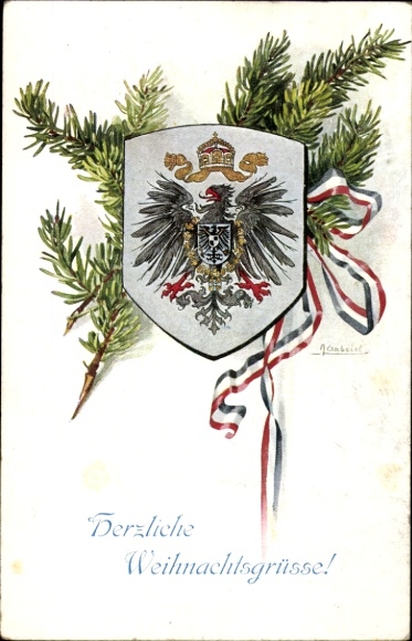 Kunstenaar Ak Gefeliciteerd Kerstmis, wapenschild, dennentakken