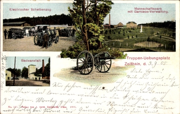 Postcard Zeithain in Saxony, military training area, swimming pool, personnel park, electric target train