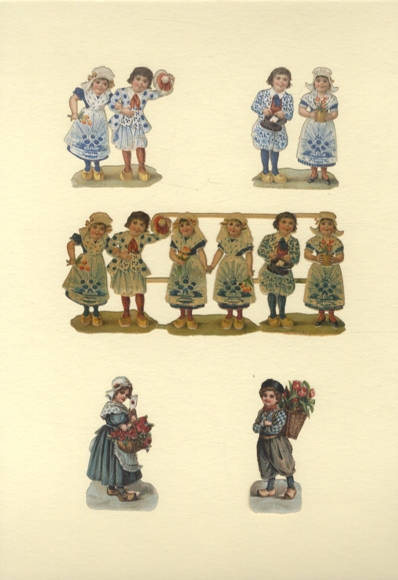 4 opłatki i 1 blok 6 dzieci w strojach ludowych, ok. 6,5 x 14 cm, 6,5 x 6 cm, 6 x 3 cm