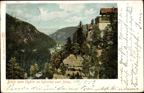 Postcard Oybin in Saxony, view from the mountain into the Oybin valley to Zittau