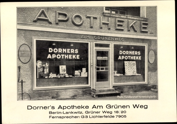 Postcard Berlin Steglitz Lankwitz, Dorner&#39;s pharmacy Am Grünen Weg, Grüner Weg 18/20