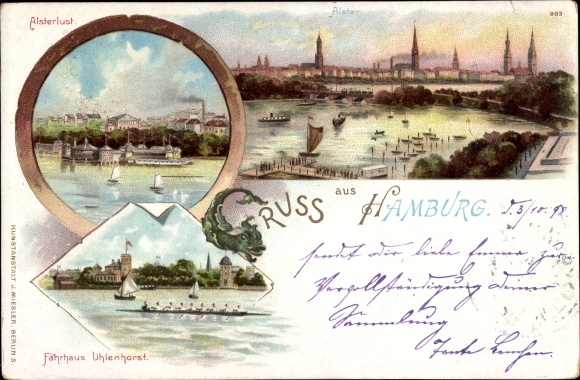 litho Hamburg, Alsterbassin, Alsterlust, Fährhaus Uhlenhorst, Leipzig mannenkoor 1901