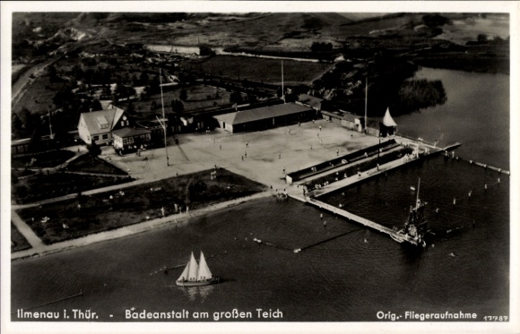 Postcard Ilmenau in Thuringia, aerial photograph, bathing establishment at the large pond