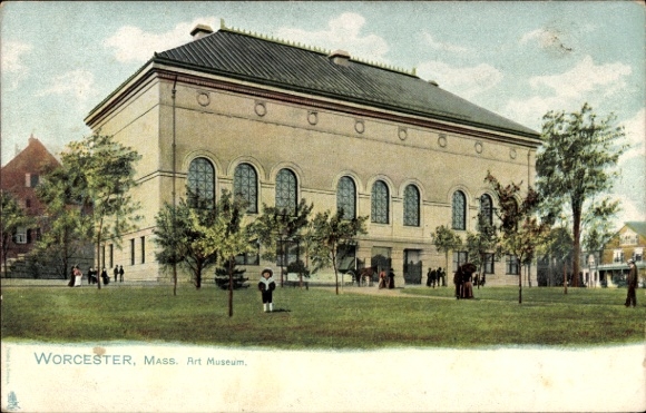 Ak Worcester Massachusetts USA, Worcester Art Museum, Gebäude, Bäume, Menschen