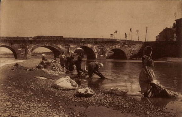 Postcard Women at the River Washing Clothes, Bridge