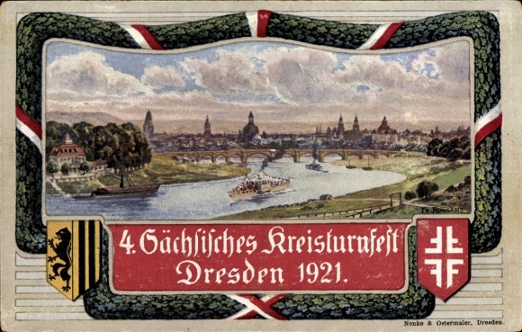 Coat of arms artist Postcard Dresden, 4th Saxon District Gymnastics Festival 1921, city view from the Waldschlösschen