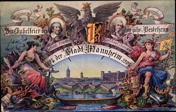 KP artysty Mannheim Baden, obchody 300-lecia miasta w 1907 r., elektor Fryderyk, elektor Karol Teodor