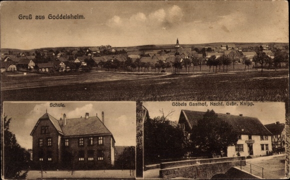 Postcard Goddelsheim Lichtenfels Hesse, school, Göbel&#39;s inn