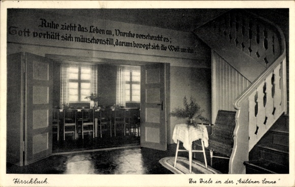 Postcard Hirschluch Storkow Mark, Hallway in the Golden Sun, Staircase, Saying