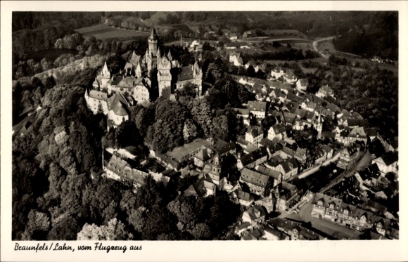 Postcard Braunfels on the Lahn, aerial view of surrounding landscape, black and white photo