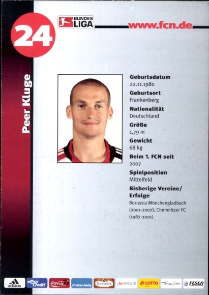 Autograph card footballer Peer Kluge, 1. FC Nuremberg, autograph