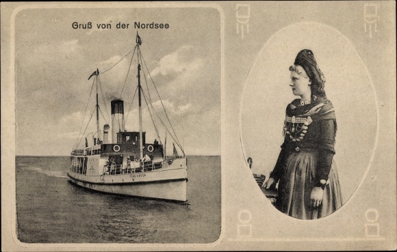 Postcard Greetings from the North Sea, woman in costume, ferry