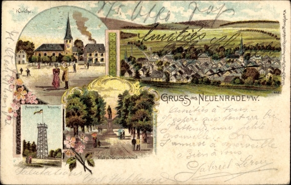 Chromo-Litho Neuenrade in the Sauerland, church, observation tower, total view, imperial monument