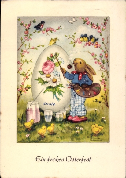 Künstler Ak Petersen, Hannes, Frohe Ostern, Osterhase mit Pfeife bemalt Osterei, Küken
