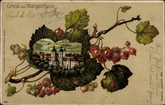 Currant leaf Embossed Chromo-Litho Bad Mergentheim in Tauberfranken, Kloster