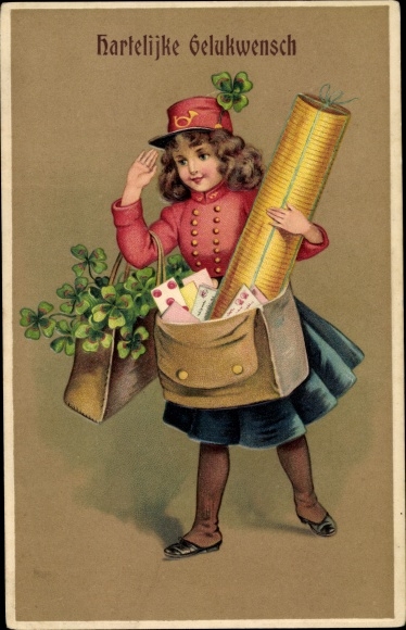 Mint Postcard Hartelijke Gelukwensch, congratulations, girl as postwoman, coins, clover