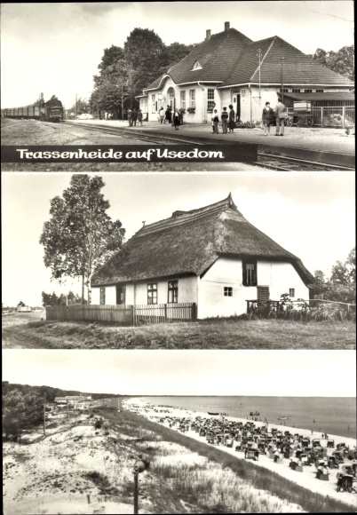 Postcard Trassenheide on Usedom, thatched cottage, beach, train station