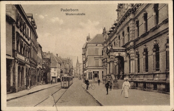 Postcard Paderborn in North Rhine Westphalia, Westernstraße, tram, passers-by