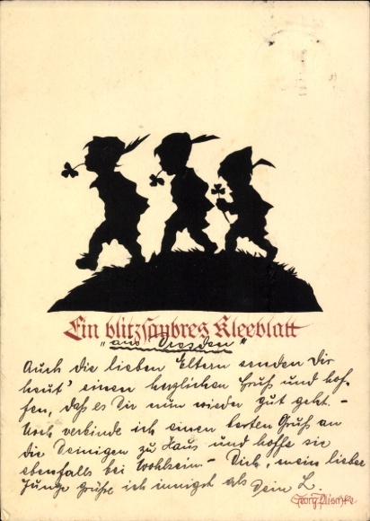 Scherenschnitt Künstler Ak Drei Jungen, Glücksklee, Ein blitzsauberes Kleeblatt