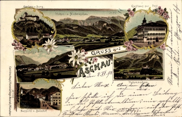 Chromo-Litho Aschau im Chiemgau Upper Bavaria, Hohenaschau, Inn to the Castle, Inn to the Post Office