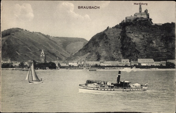 Postcard Braubach am Rhein, view of Marksburg, river with sailboat and steamship