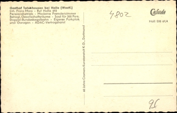 Ak Halle in Westfalen, Gasthof Tatenhausen, eigenaar Franz Marx, kasteel, bowlingbaan, interieur