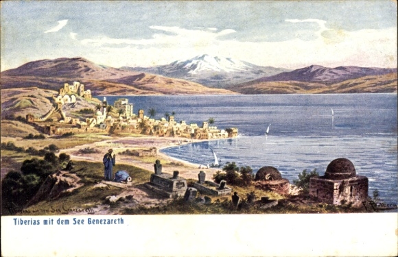 Postcard Tiberias Israel, Sea of Galilee, mountains, landscape, historical buildings