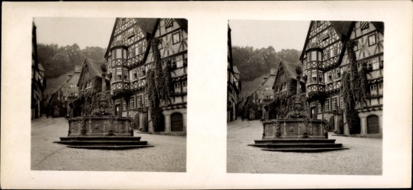 Stereo Raumbild Foto Schöne Heimat Nr. 14, Miltenberg am Main Unterfranken, Fachwerkhäuser, Brunnen