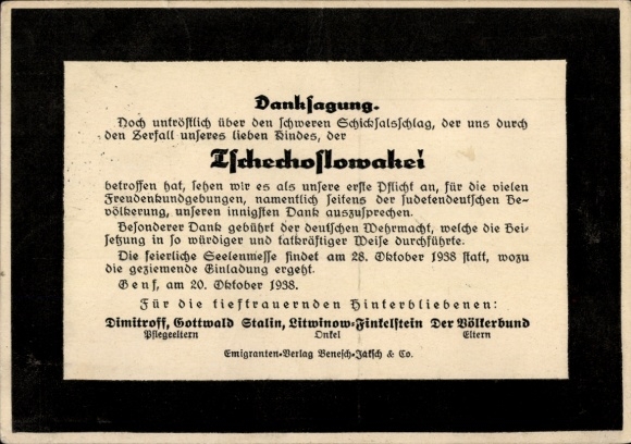 Obituary notice on the collapse of Czechoslovakia, Sudetenland, Propaganda 1938