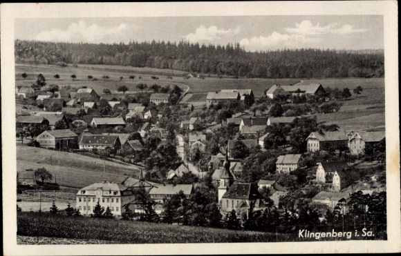 Postcard Klingenberg in the Ore Mountains of Saxony, landscape with houses, trees in the background