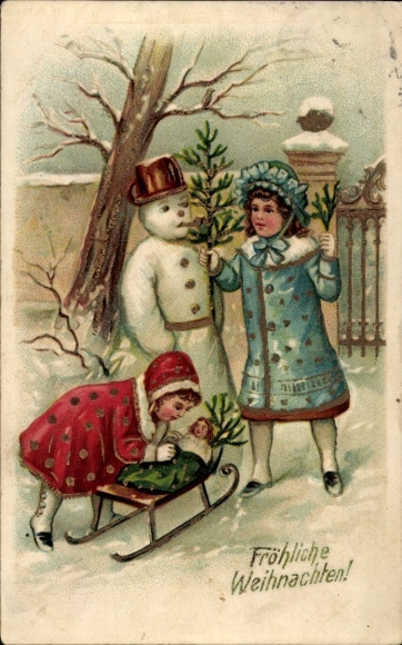 Postcard Congratulations Christmas, children, sleigh, doll, snowman