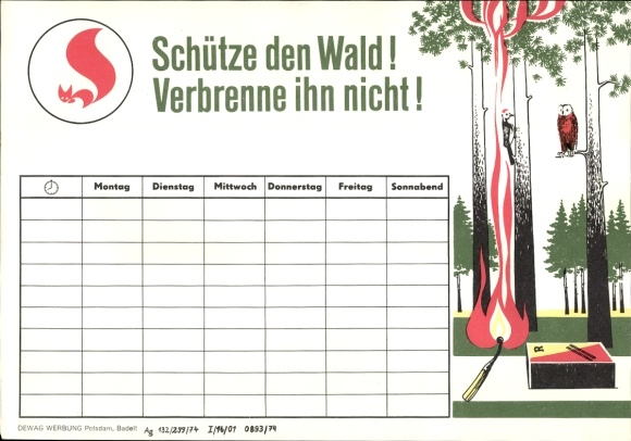 Timetable GDR DEWAG Potsdam, protect the forest, don&#39;t burn it! around 1970