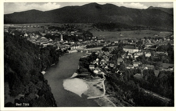 Postcard Bad Tölz in Upper Bavaria, landscape with river, city mountains in the background, photography