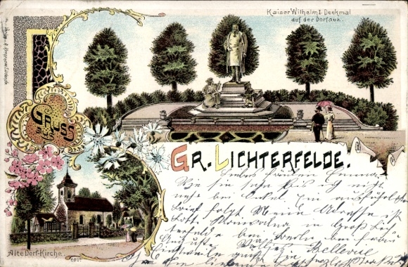 Chromo-Litho Berlin Steglitz Groß Lichterfelde, Kaiser Wilhelm I. Memorial on the village meadow, old village church