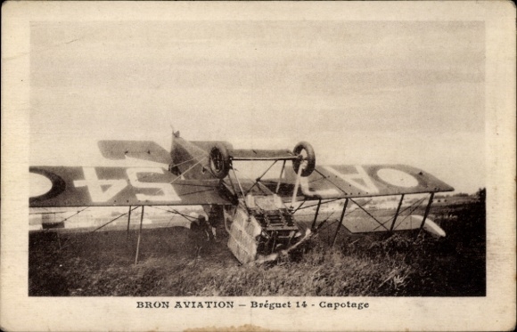 Postcard Bron Aviation, Breguet 14 Capotage