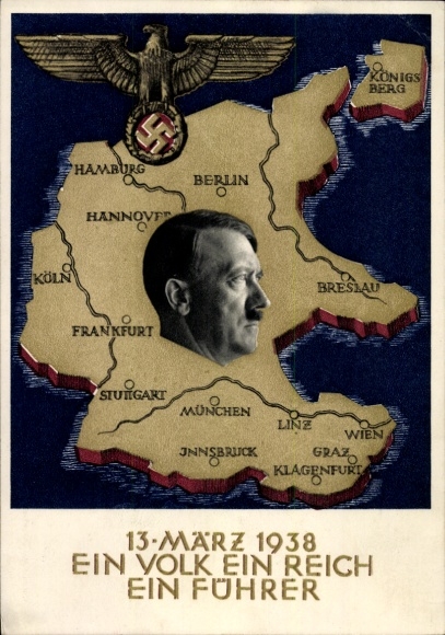 Artist Postcard Klein, One People, One Reich, One Leader, Anschluss of Austria 1938, Greater Germany