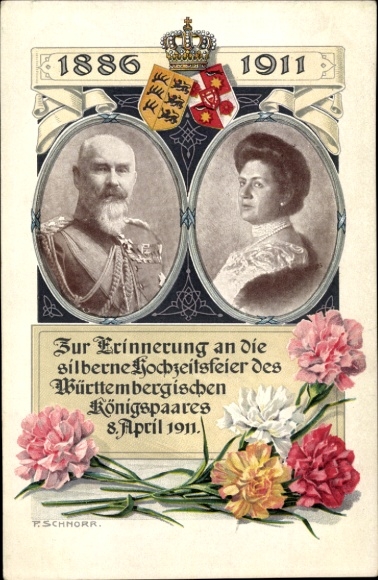 Artist Postcard Schnorr, King Wilhelm II of Württemberg, Queen Charlotte, silver wedding 1911, coat of arms