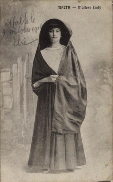 Postcard Malta, woman in traditional costume