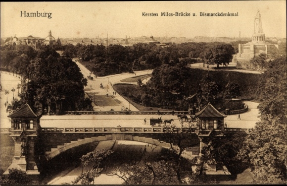 Postcard Hamburg Mitte St Pauli, Kersten Miles Bridge, Bismarck Monument