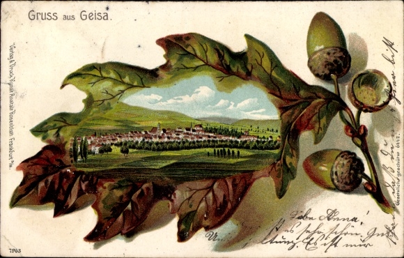 Embossed oak leaf litho Geisa in the Rhön Thuringia, total view