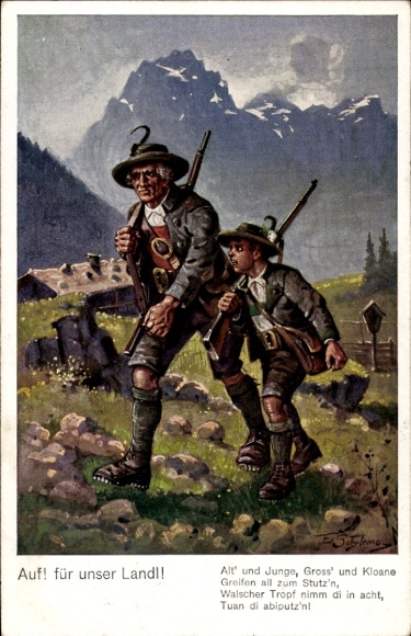 Artist Postcard Schlemo, E., Up for our country, man and boy in Tyrolean costumes