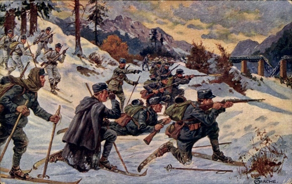 Artist Postcard Trache, R., Imperial-Royal Army, Skijäger Troops, Dukla Pass, Carpathians, I WW