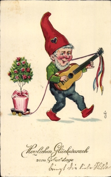 Ak Altfriedstein Niederlößnitz Radebeul, Gartenzwerg mit Gitarre rotes Mütze, grünes Gewand, b...
